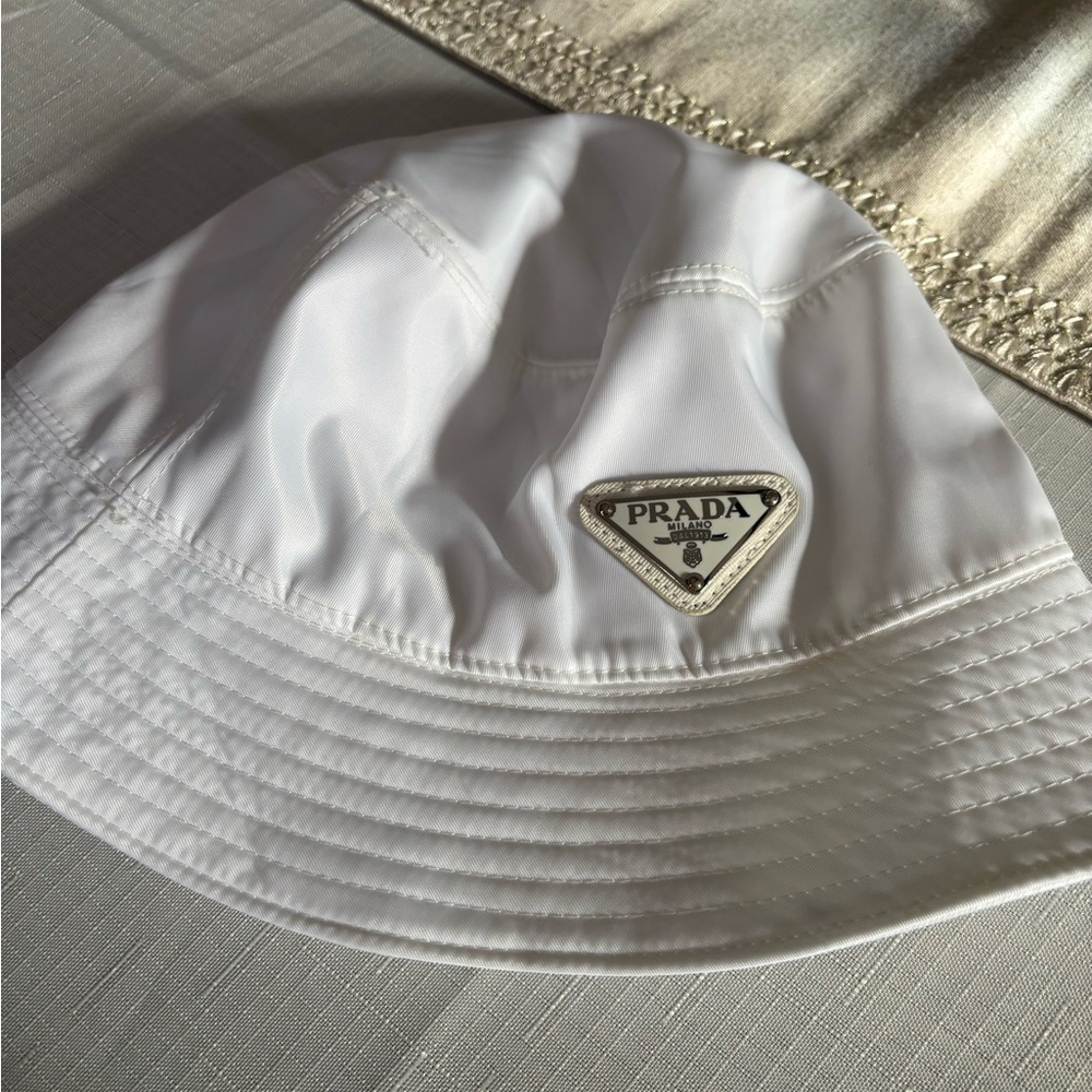 Prada White Nylon Logo Bucket Hat
